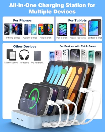 Image of MSTJRY Charging Station for Multiple Devices : 5 Port Multi USB-A Charger Stations Multi-Device Organizer Charging Dock Designed for iPhone iPad Cell Phone Tablets (7 Short Cables Included), Blue