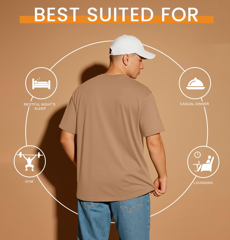 Image of Sleepynuts Men 220 GSM 100% Pure Cotton Oversized Baggy Fit Drop Shoulder Round Neck T-Shirt Pack of 2 (Toffee Brown, Vintage Pink-S)