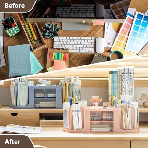 Rotating Desk Organizer with 2 Pen Holder, Office Desk Organizers and Storage with 10 Slots 360 Degree Rotating Pencil Holder for Desk+3 Drawer Organizers+1 Top Storage Tray for School Supplies by FORATER - Image 5