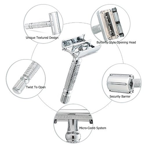 Bigfoot Shaves I Butterfly Open Double Edge Single Blade Safety Razor Kit I Classic Razor I Smooth Shave Without Razor Burns I Excellent Gift Idea I Includes Travel Case, Mirror & Blades I Silver #TOP4