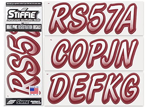 Image of STIFFIE Whipline White /Burgundy 3 inch Boat & PWC Registration Decals • Numbers Letters Stickers
