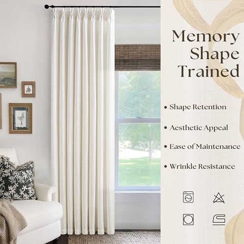 Image of Thick Linen Semi Sheer Curtains 96 Inches Long Pinch Pleated Cream | Track, Living Room Bedroom, Light Filtering, Textured, 96 Length, Hooks Rings, Back Tab, for Sliding Door, 1 Panel , Natural