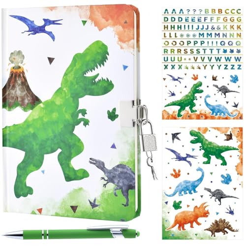 WERNNSAI Juego de Diario de Dinosaurios de Acuarela Regalo Cuaderno Luminoso para Niños Escuela Chicas Diario Privado Notas Forradas Escritura Bloc de Notas Bolígrafo Pegatinas con Candado y Llaves