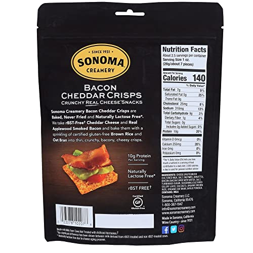 Sonoma Creamery - Cheese Crisps, Bacon Cheddar, 2.25 Oz (6 Count) | High Protein | Low Carb | Gluten Free | Keto-Friendly #TOP1