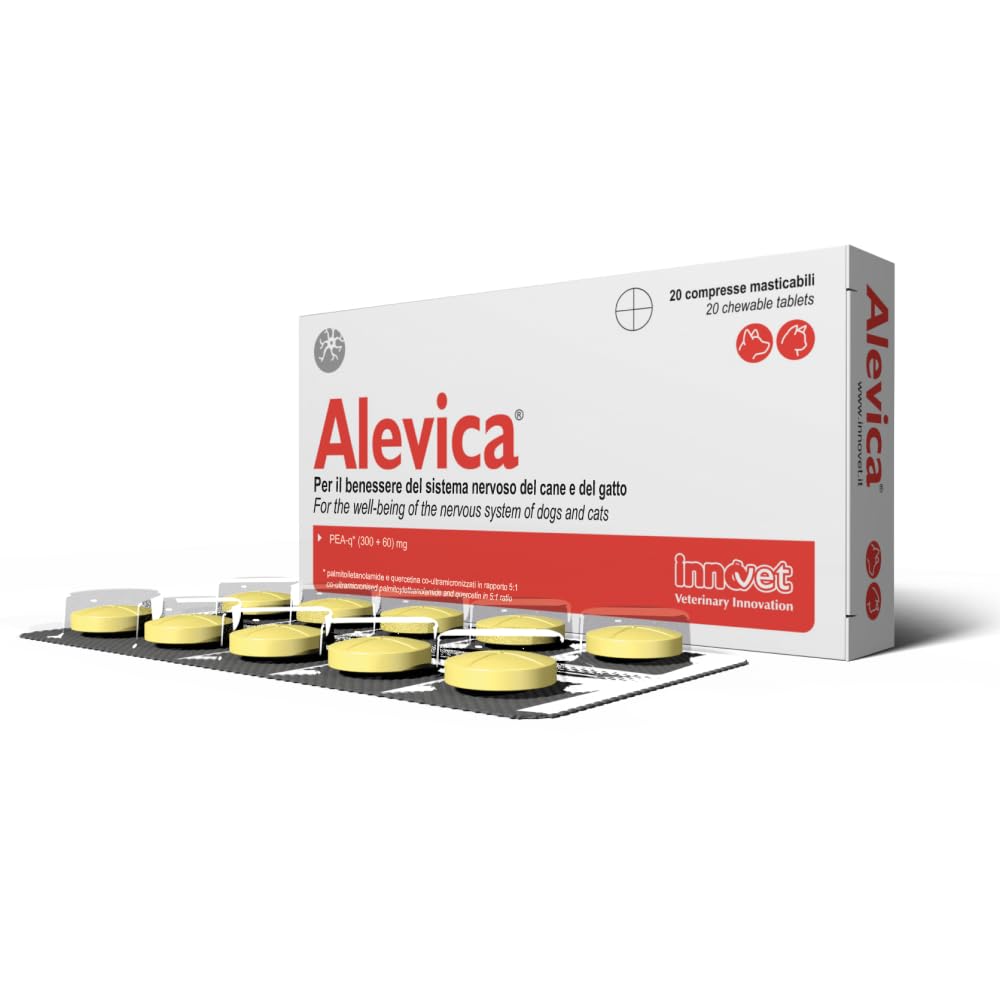 Innovet Alevica Suplemento para el Sistema Nervioso para Perros y Gatos 20 Comprimidos Masticables – con PEA-q y Quercetina – Apoya el Equilibrio Neurológico
