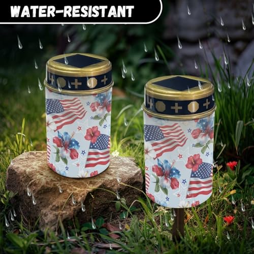 Image of Poceacles American Flag Hibiscus Flower Outdoor Solar Lights Garden Cemetery Flameless Candle America 250th Anniversary Printed Solar Garden Stake Lights for 4th of July Decorations, Pack of 4