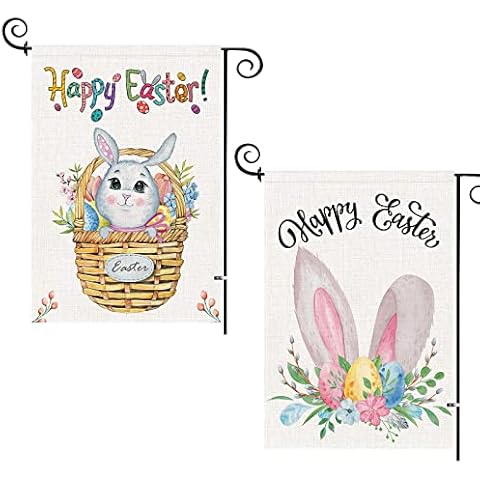 2 Pieces Easter Garden Flag Double-Sided Easter Bunny Egg Garden Flags Spring Flowers Rabbit Yard Flag for Outside Outdoor Farmhouse Easter Decorations 12.5 x 18 Inches Cover