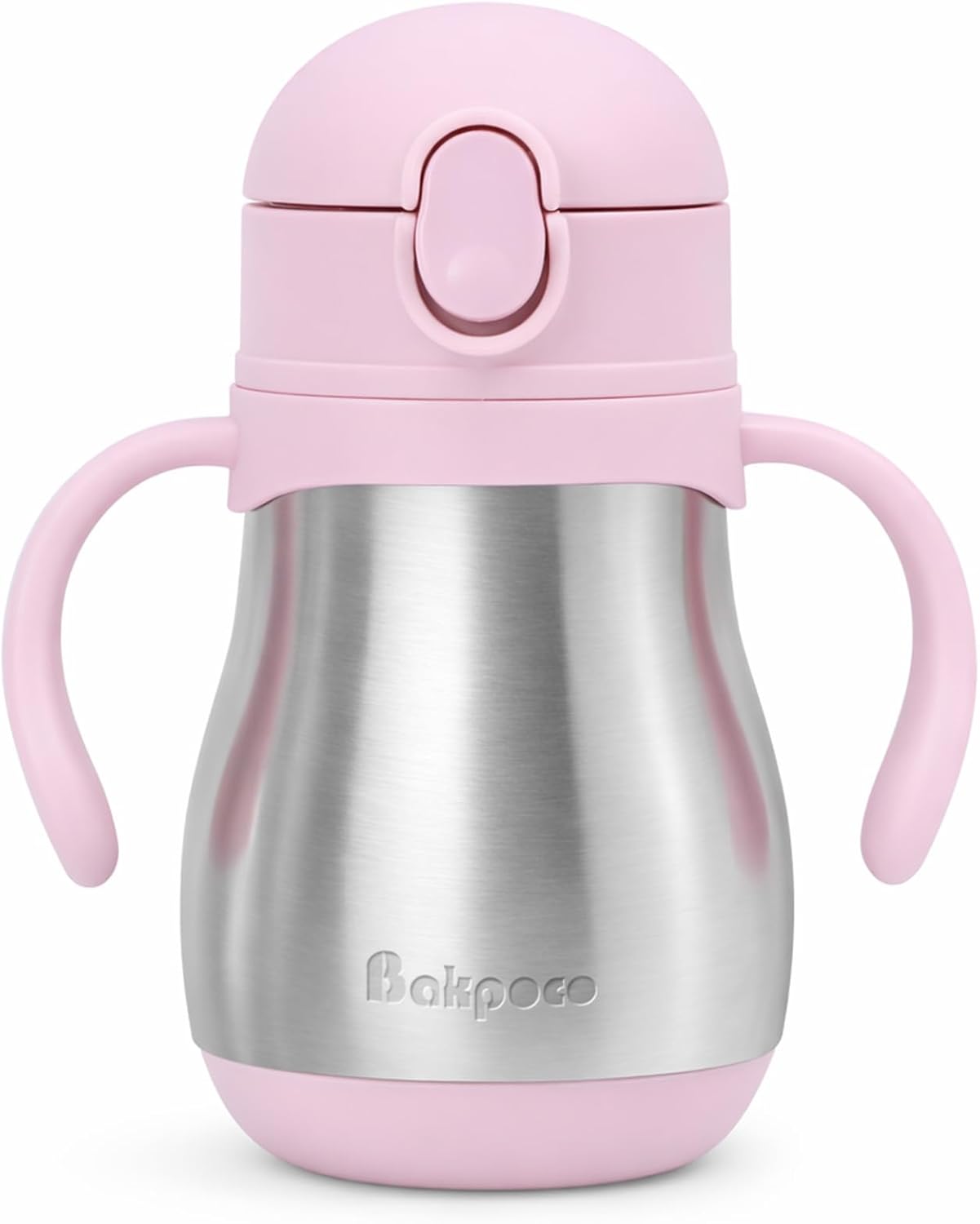 Bakpoco Stainless Steel Sippy Straw Cup for Toddlers 1-3 Years Old, Insulated Toddler Water Bottle Baby Training Tumbler with Handles, 8oz Kids Straw Cups for Travel, Daycare & At Home, Pink