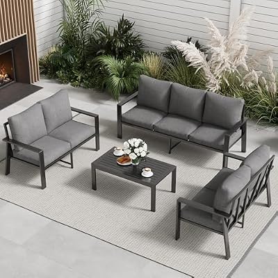 VONZOY 7 Seats Patio Conversation Set, Outdoor Furniture Set Modern Aluminum Sectional Sofa with Cushion and Coffee Table for Balcony, Porch,Garden,Backyard