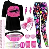 UxClishe 80s Fancy Dress for Women, 80s Costume Accessories Set 1980s Costume Outfit with T-shirt Pantalon Fanny Pack Neon Accessories 80s Workout Costume Disco Outfit for Retro Theme Party Dress