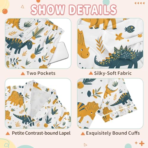 senya Garden Dinosaur Satin Summer Pajama Sets Silk Short Sleeve Button Down Sleepwear3