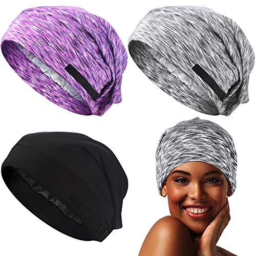 Syhood 3 Pieces Satin Lined Sleep Cap Adjustable Hair Cover Bonnet Sleeping Cap Hair Wrapped Slouchy Beanie Hat for Women (Gray and Purple)