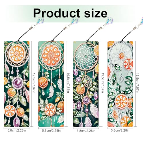 Image of 4 Pcs Diamond Painting Bookmarks, DIY Orange and Dreamcatcher Diamond Art Bookmark Kits for Adults, Rhinestone Drill Fruit Bookmarks with Tassels for Beginners