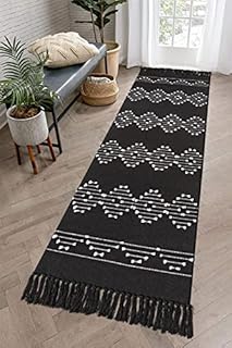 LINROMIA Black and White Boho Runner Rug 60x180cm, Moroccan Long Hallway Runner Soft Cotton Washable Floor Carpet with Hand Woven Tassels for Kitchen Bathroom Bedroom Laundry Room Entryway