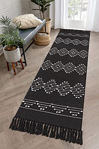 Agelmat Boho Rug 2' X 6' Black Hallway Runner Rug Woven Cotton Kitchen Rug With Tassel Moroccan Washable Area Rug Long Farmhouse Beside Rug For Bedroom Porch Livingroom Laundry #TOP5
