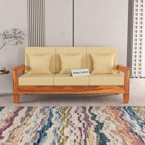 Image of Sheesham Wooden 3 Seater Sofa for Living Room | Rosewood Cushion Sofa with Side Newspaper Holder for Home & Office | Solid Wood Sofa Set for Lounge (Honey, 3 Seater)