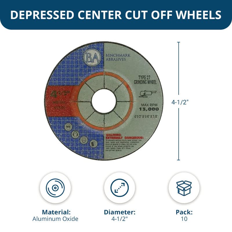 Benchmark Abrasives 4-1/2" Aluminum Oxide Pro Depressed Center Grinding Wheel, 1/4" Thick, 7/8" Arbor for Cutting Grinding Stock Removal on Metal, Steel, Cast Iron - 10 Pack