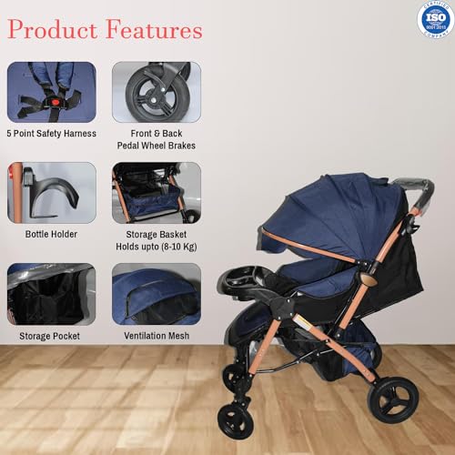 Image of Safe-O-Kid Breez Baby Rubber Wheel Stroller /Pram with 1 Year Warranty (Model - 2024) for New Born /Toddler /Kid for 0 to 3 Years Travel Friendly, 5 Point Safety Harness - Blue