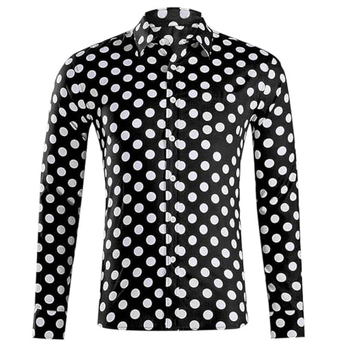 Chemise à pois pour homme à manches longues avec col rétro boutonné et col boutonné - Chemise de loisirs - Motif à pois - Chemise d'affaires confortable...