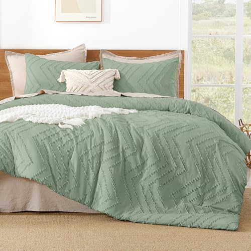 Image of Litanika Boho King Comforter Set, 3 Pcs Sage Green Lightweight Bedding Set