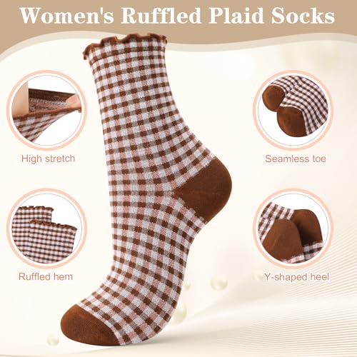 Image of 6 Pairs Women Ruffle Striped Frilly Socks, Cute Checkered Ankle Sock for Women Cotton Knit Casual Crew Socks