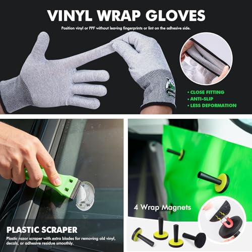 FOSHIO Vinyl Wrap Tool Kits Knife Less Tape 50m (164ft), Felt & Card Squeegee, PPF Squeegee & Tucking Tool, Exacto Knife, Plastic Scraper, Gloves, Magnets for Car Wraps Wrapping Window Tint Kit - Image 4