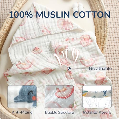 Image of Toddler Hooded Bath Towels,100% Cotton Muslin Baby Towels for Boys Girls,Ultra Soft & Absorbent Quick Dry Kids Towel for Beach,Pool,Bathroom,Large 43x43 Inch