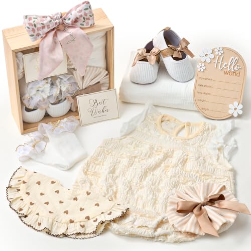 Golray Wooden Baby Gift Basket Newborn Girls Baby Shower Gifts Cloth Set with Bodysuit/Soft...
