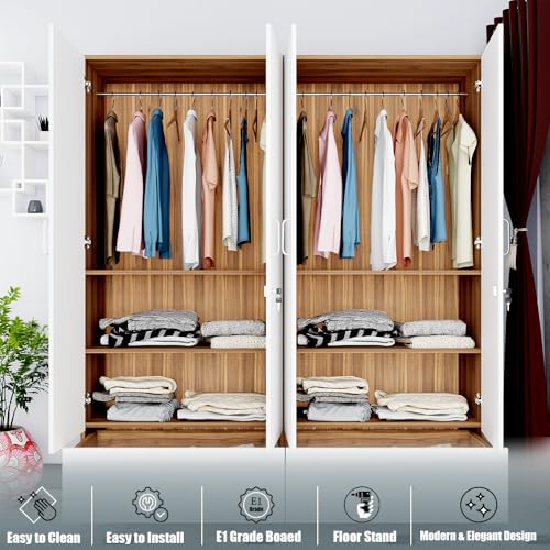 Image of VIKI Wardrobe |Wooden Almirah for 4 Door Wardrobe with 2 Split Drawer & Hanging Space with Mirror (Walnut |White - 40D x 160W x 180.8H) | 1 Year Warranty | Free Assembly