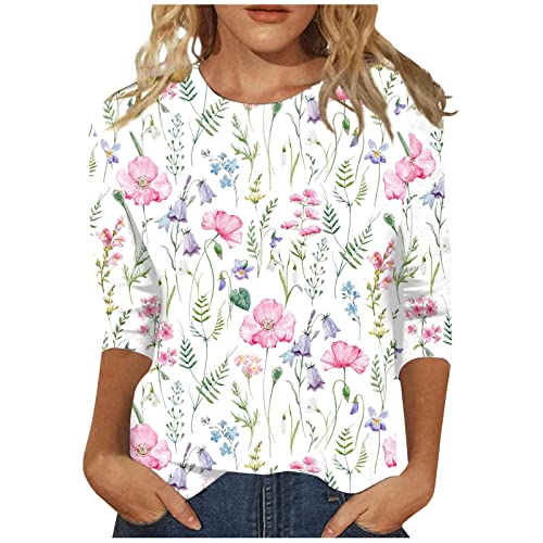 Tops For Women 3/4 Sleeve Casual Crewneck Elegant Blouses Floral Print Loose Fit Summer T-Shirt Pullover 2023 #TOP21