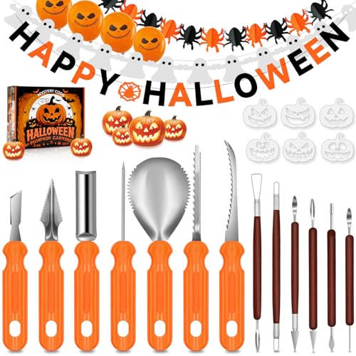 Mystery Code Halloween Pumpkin Carving Kit - 30-Piece Stainless Steel