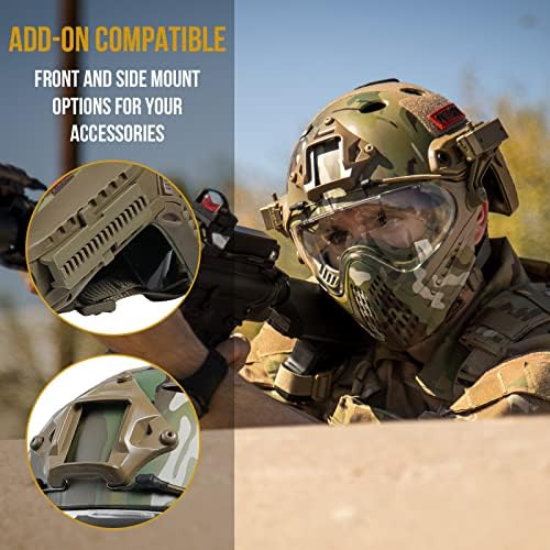 OneTigris Tactical PJ Helmet F22 Airsoft Paintball Helmet Integrated Protective Helmet with Removable Full Face Mask and Goggles for CS Game