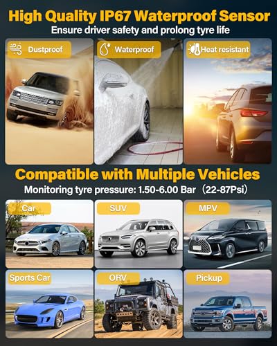 TPMS Reifendruckkontrollsystem 2/4 Rad-Modi mit 3,5 Zoll Reifendruckkontrollsystem Abnehmbare Halterung 0,01 Bar Hohe Präzision Solar/Typ-C Ladung TPMS mit 4 Externen Reifendrucksensor für 5-87Psi