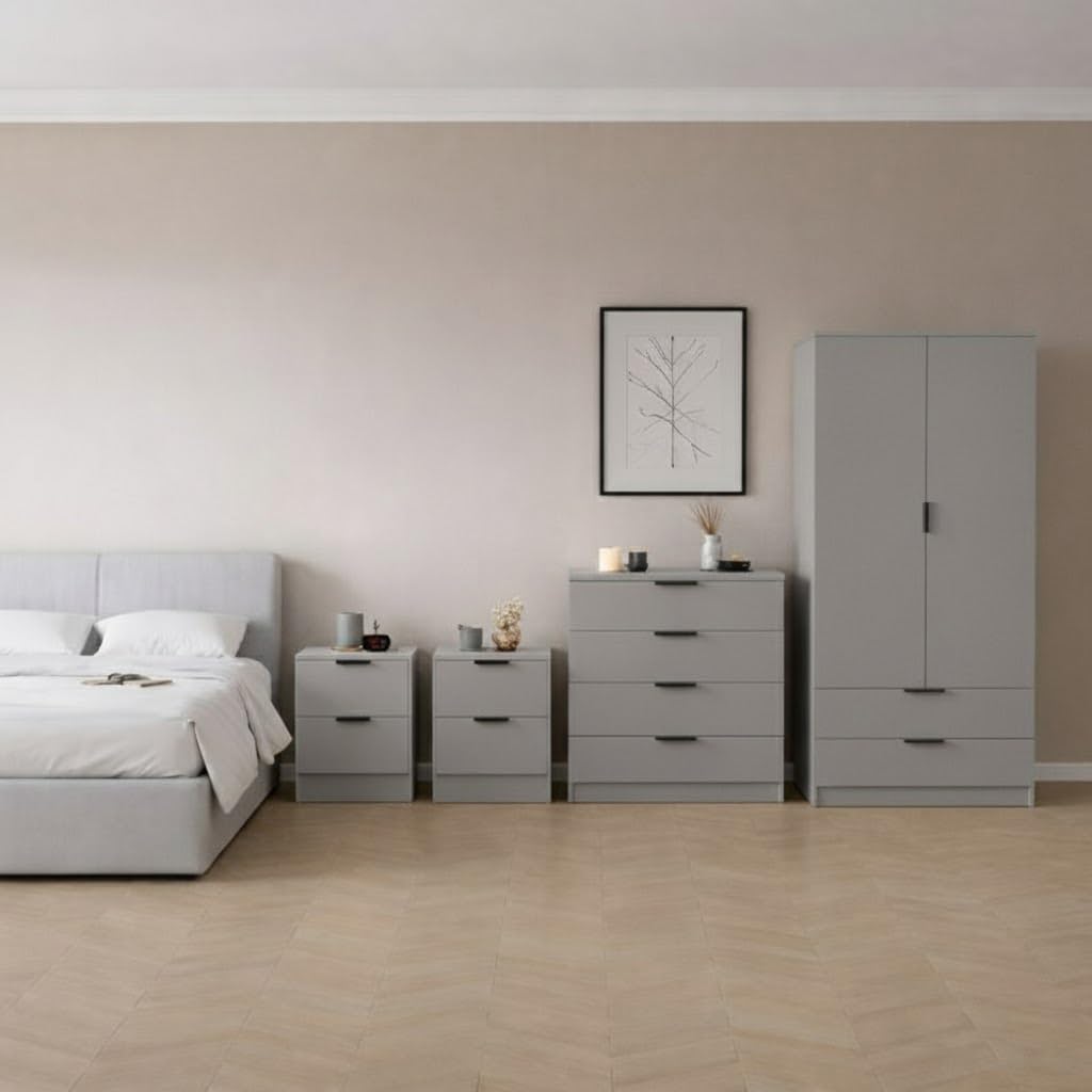 Vida Designs Trega 4 Piece Bedroom Set (2 Drawer Bedside Chest x2, 4 Drawer Chest, 2 Door 2 Drawer Wardrobe) Grey