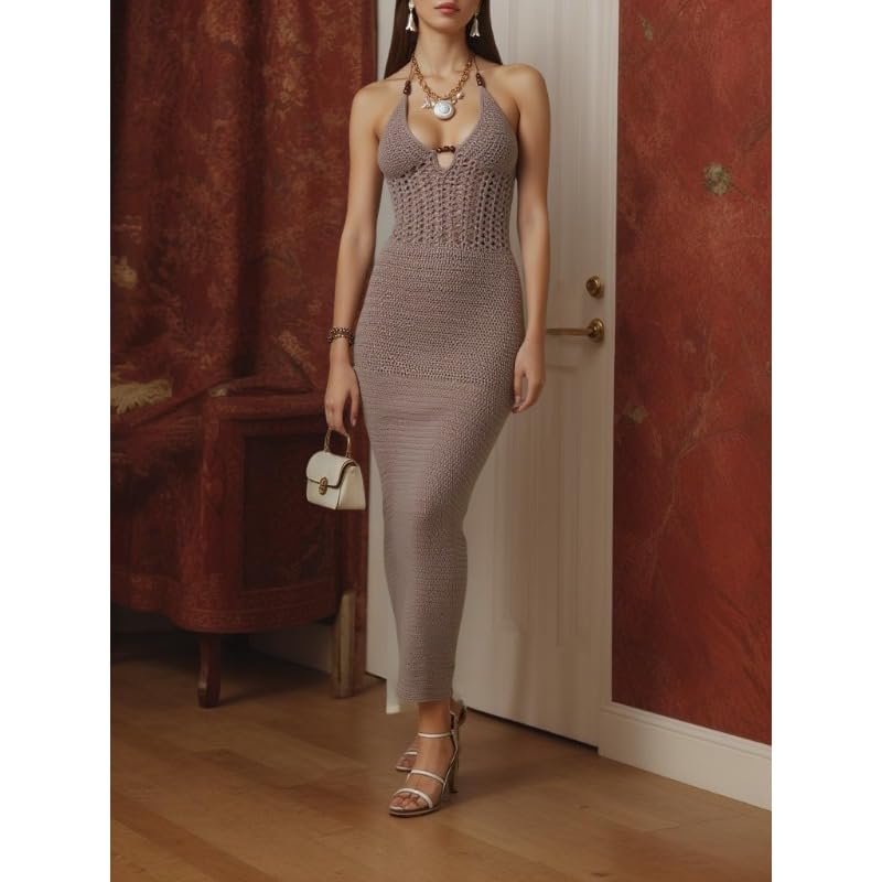 Image of Women's Sexy Halter Hollow Out Knitted Mini Dress Ruched Drawstring Sleeveless Backless Bodycon Summer Beach Dress