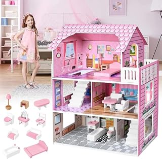 Dollhouse Wooden Doll House 2 3 Year Old, with 10PCS Furniture Set, 3-Floor, Gift for 2 3 4 5 6 Years Old Girls (TYDH006)