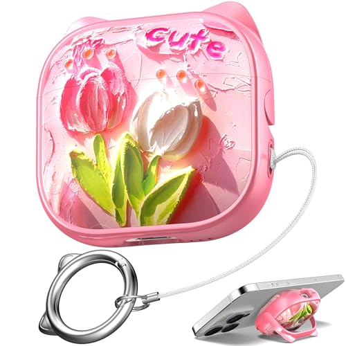 Image of for AirPods 4 Case with Cleaning Kit, Cute Cat Ear Print Design & Cute Buckle, Inverted Phone Holder Design, Top Safe Lock Buckle Design, for Girls AirPods 4 case 2024, Tulip
