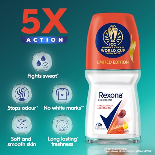 Image of Rexona Sandalwood & Jojoba Oil Antiperspirant Roll-On | for Women | 12-HSA & Glycerin |72H Odour Protection | No White Marks | Limited Edition Pack - ICC Women's Cricket World Cup India 2025 |50 ML