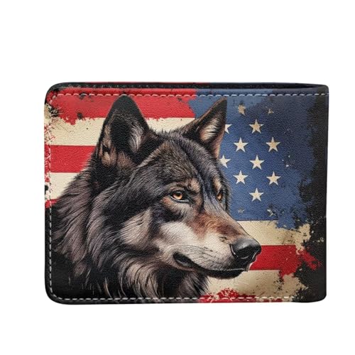 Image of Coldinair USA Flag Bifold Wallet for Teen Kids Boys Wolf Leather Wallets Cool Wallet Man Rfid Blocking Zipper Wallets With Coin Pocket Id Window