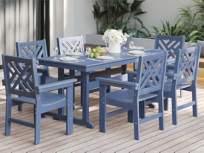BIVODA 7-Piece Outdoor Dining Set, HDPE All-Weather Patio Table and Chairs Set for 6, Outdoor Patio Furniture Sets with Umbrella Hole for Outside, Deck, Backyard, Garden (Navy Blue)
