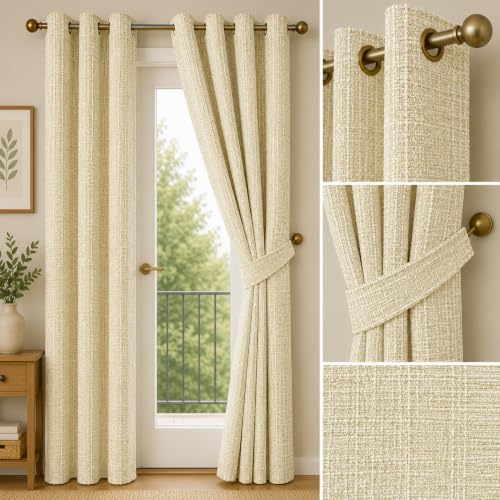Image of Premium Faux Linen Curtain with Eyelets & Tie-Back | Modern Textured Light Filtering Door & Window Curtain for Home & Office | Washable, Durable & Easy to Maintain | Beige, Long Door - 9 ft