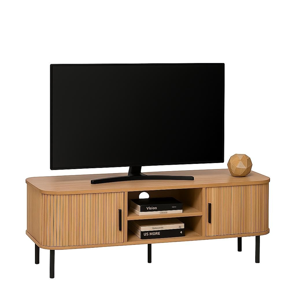 Meuble TV Bois Clair avec Portes Coulissantes – Design Industriel et Élégant – pour Télévision Jusqu’à 140 cm – Rangement Salon Fonctionnel – Meuble Télé Moderne Chêne Clair - H55 x L140 x P40cm