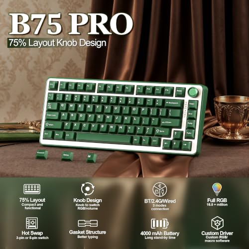 Image of YUNZII B75 PRO Wireless Mechanical Keyboard,75% Layout with Knob,Hot Swap Gasket Structure,Creamy Pre-lubed Switches,RGB Backlit,Bluetooth /Type-C /2.4G for Win /Mac (Olive Green, Cocoa Cream V2 Switch)