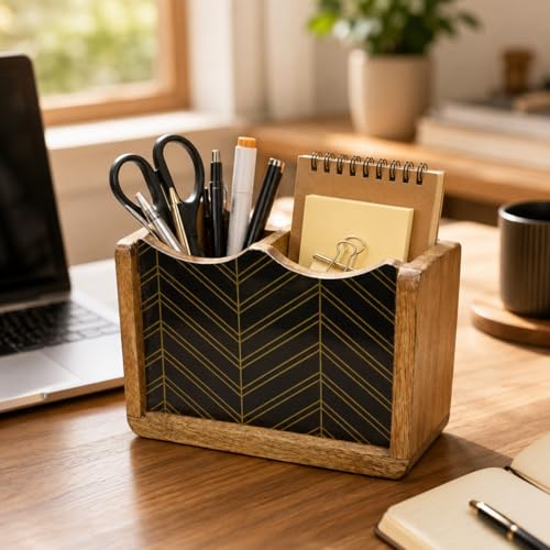 Image of The Earth Store Wooden Chevrona Cutlery Holder 2 Division | 6 Inch Black & Brown Cutlery Organizer | Spoon & Utensil Holder for Kitchen Counter, Dining Table & Table Top Use
