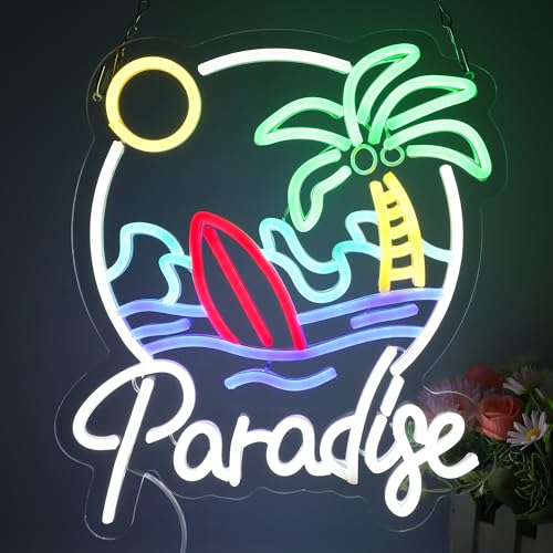 Image of Palm Tree Paradise Neon Sign - Tropical Neon Lights Wall Decor for Bedroom, Living Room, Bar, Party, or Home Office - Relaxing Summer Vibes LED Light