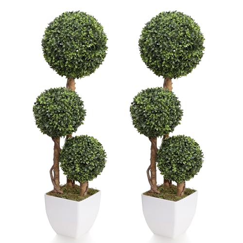 Damomo Artificial Boxwood Ball Topiaries Trees, Outdoor 3ft Fake Topiary Triple Ball Boxwood Tree...