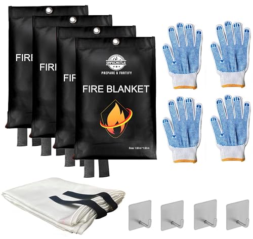 Image of SAFECASTLE Emergency Fire Blanket 59 inchx59 inch Large Size, 4 Pack + 4 Hooks & 4 Gloves Fire Retardant Blanket with Fireproof Tabs for Home, Outdoor, Office, Car and Camping Fire Protection Survival Safety