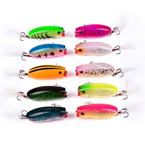 LENPABY 10 cebos flotantes de plástico duro Topwater de 5,7 cm de plástico con plumas de 10,42 g BSEHP001 Cover