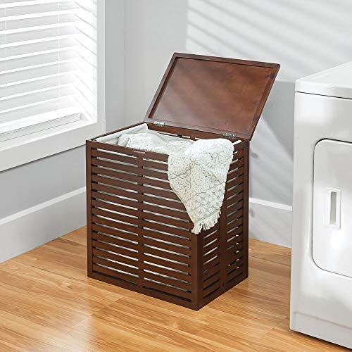mDesign Cesto portabiancheria ecologico in bambù – Cesto bucato pieghevole stile rustico con sacca interna rimovibile – Porta biancheria sporca per bagno, lavanderia o camera da letto – marrone scuro - Image 3