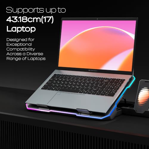 Image of Zebronics NC6800 Laptop Cooling Pad, Dual 120mm Fans, Up to 17-Inch Laptop Support, 65 CFM Airflow, 10 RGB Modes, 5-Level Adjustable Stand, Dual USB Hub, Fan Speed Control, Anti-Slip Pads (Silver)
